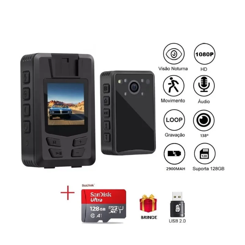 Mini Câmera Corporal Gravador De Vídeo 1080p 128gb Produto no Brasil A23