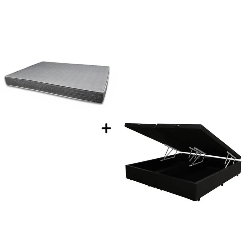 Cama Box Baú Bipartido Casal Sintético Preto 138 com Colchão Boston Bello Box - 100% Espuma - D33 Cinza