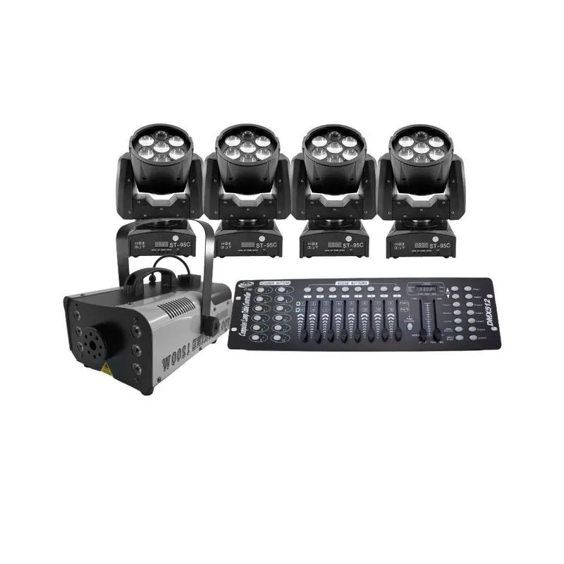 Kit 4 Mini Moving + Máquina De Fumaça 1200w + Mesa Dmx 512