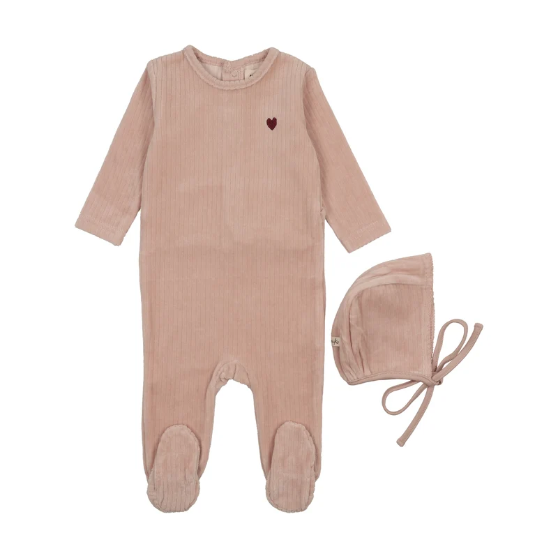 MEMA KNITS PINK VELOUR HEART EMBROIDERED FOOTIE + BONNET [FINAL SALE] 3M