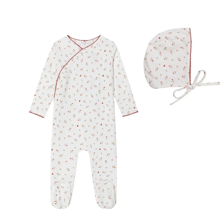 MINI LABEL IVORY/PINK FLORAL WRAP FOOTIE + BONNET 3M