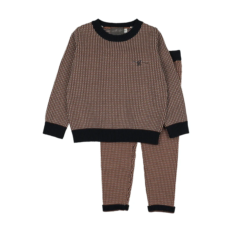 SWEET THREADS CAMEL/NAVY PATTERN KNIT SWEATER SET 3