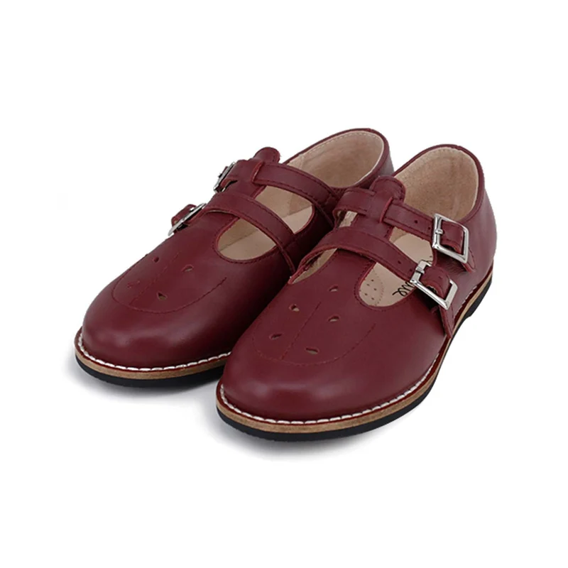 CAMILLE KIDS BURGUNDY DOUBLE BUCKLE T-STRAP SHOE 24