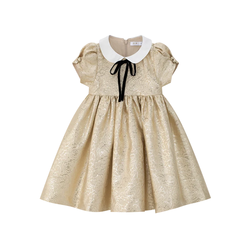 COCO BLANC GOLD JACQUARD PETER PAN COLLAR BOW DRESS 6