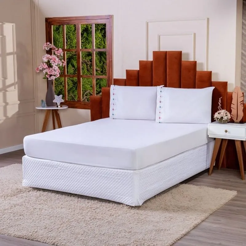 Jogo De Lençol Branco Casal Box Bordado Percal Puro Algodão