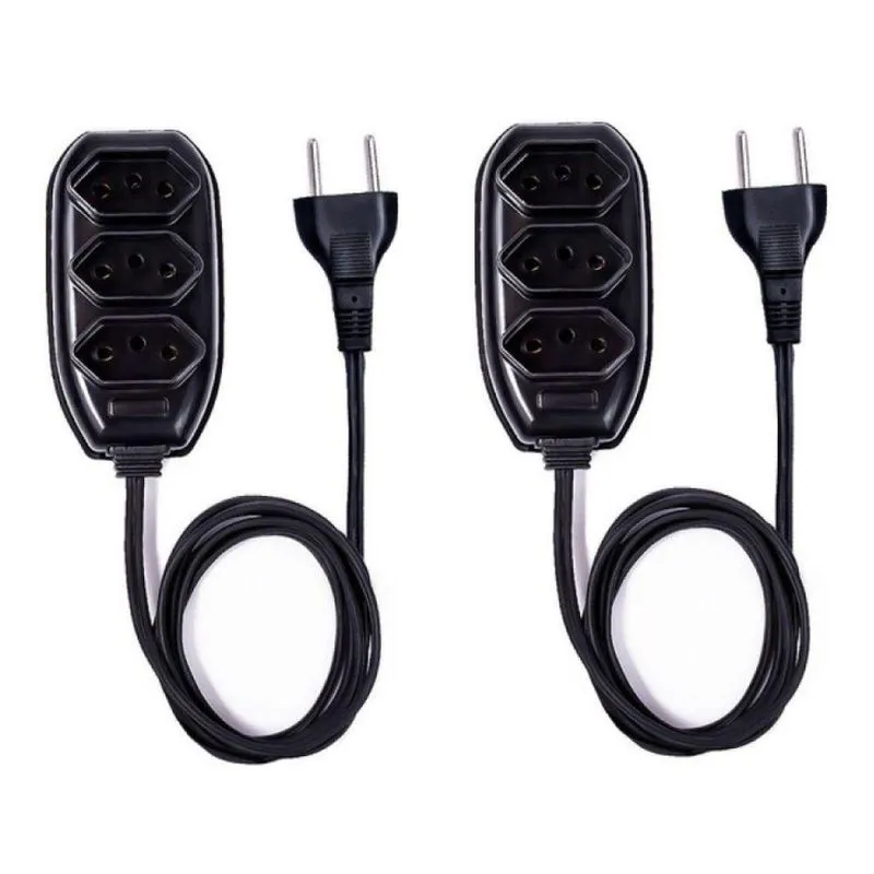Extensão Elétrica Kit 2 Com 3 Tomadas Bivolt Cabo 3m Até 2200w 10a Preto Oem
