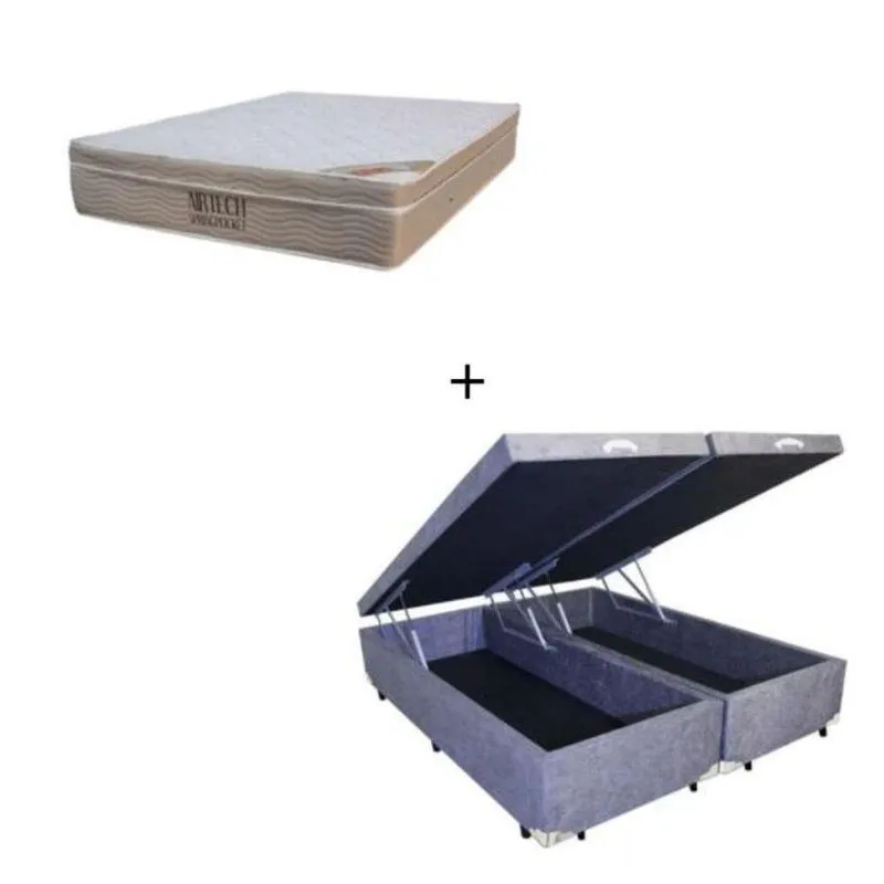 Cama Box Baú Casal 138 Bipartido Suede Cinza Com Colchão Ortobom Airtech Spring Pocket D26 Bege 70x138x188