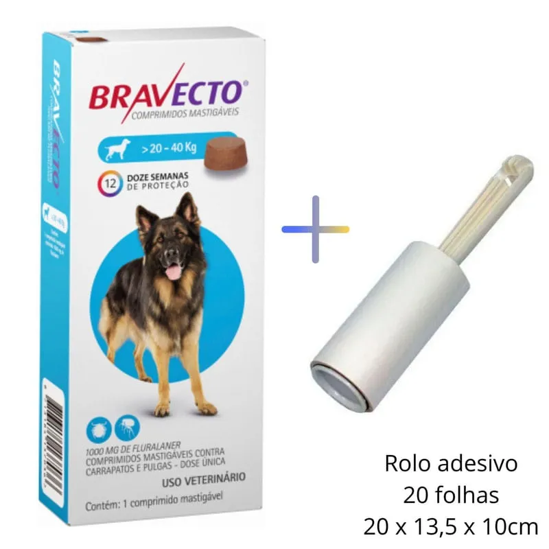 Kit Bravecto Msd Antipulgas Pastor 20 A 40 Kg + Rolo Adesivo
