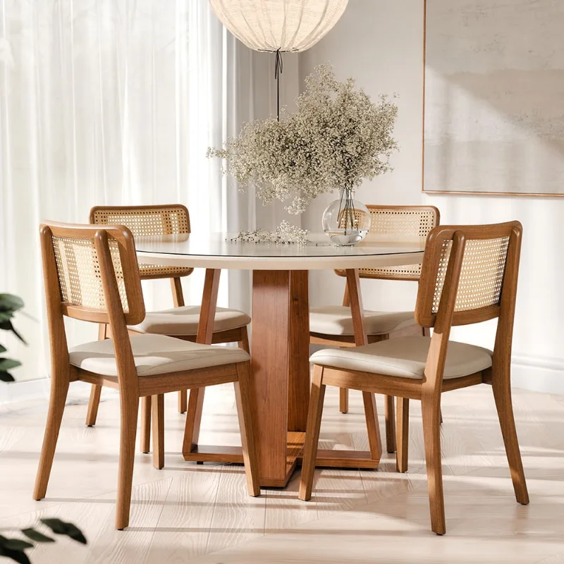 Comedor 4 Sillas Madera Pazart Muebles 1.2 Rattan Lino Beige