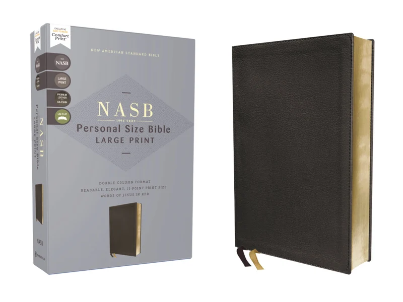 NASB, Personal Size Bible, Large Print, Genuine Leather, Calfskin, Black, Red Letter, 1995 Text, Comfort Print Leatherbound Hardback