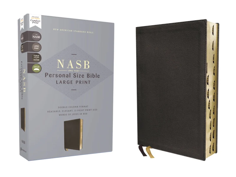 NASB, Personal Size Bible, Large Print, Genuine Leather, Calfskin, Black, Red Letter, 1995 Text, Thumb Indexed, Comfort Print Leatherbound Hardback