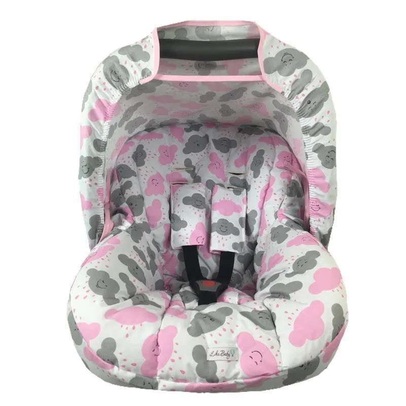 Capa E Capota Bebê Conforto + Protetor Cinto Nuvem Rosa