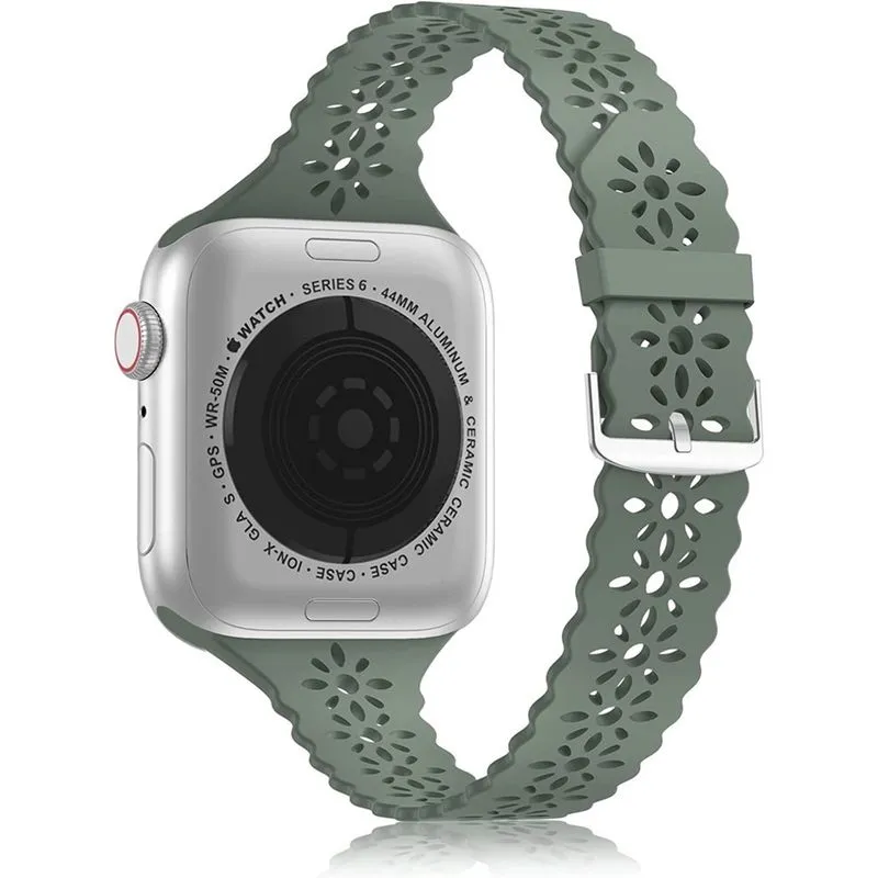 Pulseira de renda de silicone Huoguo compatível com pulseira para Apple Watch 38 mm/40 mm/41 mm, pulseira esportiva feminina fina fina e oca iWatch com fecho clássico para iWatch Series se 7 6 5 4 3 2