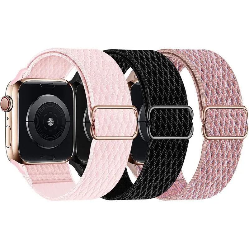 Pulseiras Huoguo elásticas de nylon solo, compatíveis com Apple Watch 45 mm 44 mm 42 mm, elásticos esportivos trançados ajustáveis para mulheres e homens para iWatch Series 7 6 5 4 3 2 1 se (preto, ro