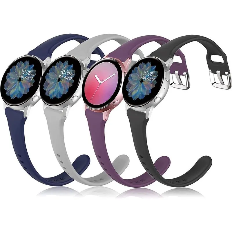 Pacote com 4 pulseiras de silicone finas e macias compatíveis com Samsung Galaxy Watch Active 2 40 mm 44 mm e Galaxy Watch Active, pulseiras esportivas impermeáveis de 20 mm.