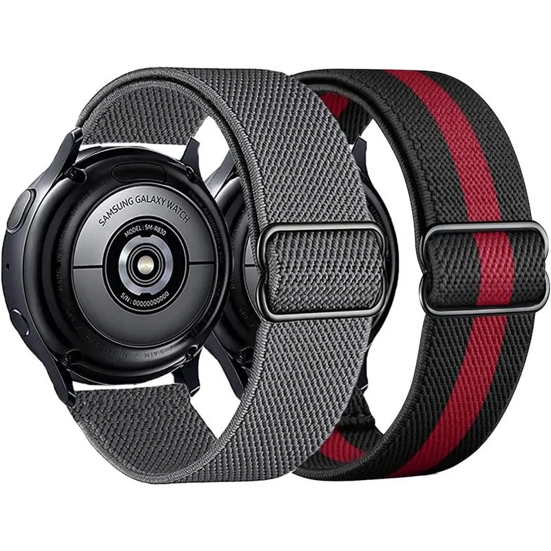 Pacote com 2 pulseiras de nylon compatíveis com Samsung Galaxy Watch Active 2 Universal, pulseira elástica esportiva respirável de 20 mm (preto, vermelho + cinza)