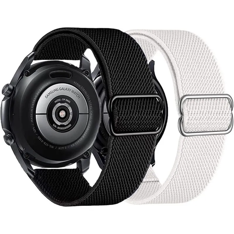 Pacote com 2 pulseiras de nylon compatíveis com Samsung Galaxy Watch Active 2 Universal, pulseira elástica esportiva respirável de 20 mmBranco + Preto