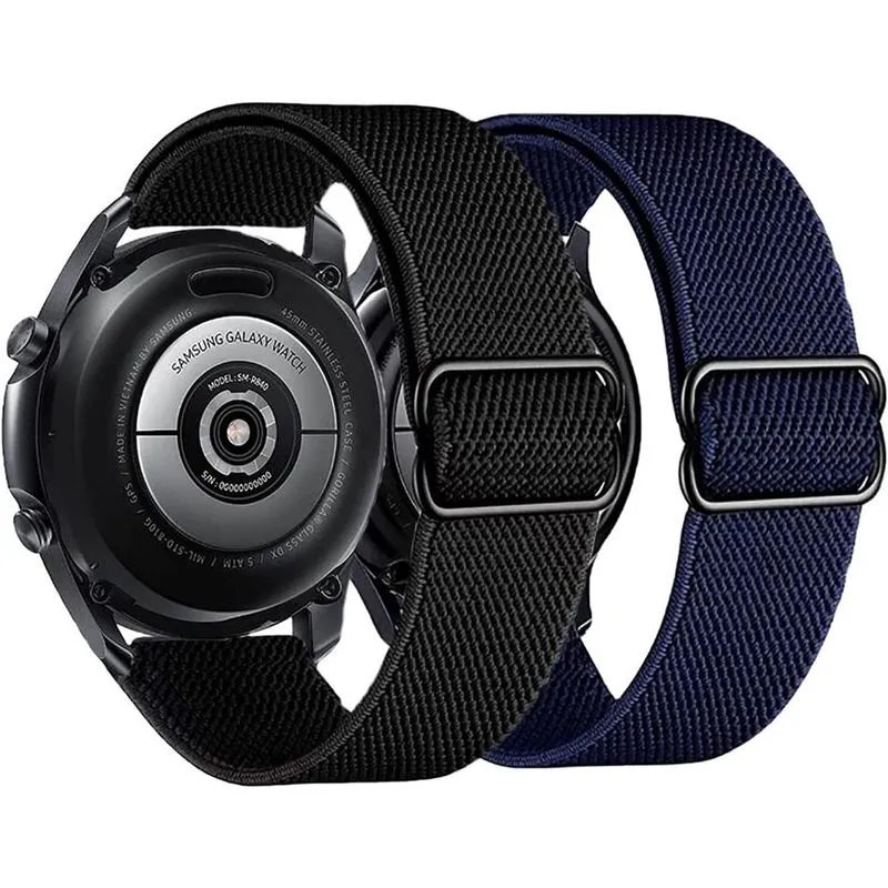 Pacote com 2 pulseiras de nylon compatíveis com Samsung Galaxy Watch Active 2 Universal 20 mm elástico esportivo pulseira respirávelpreto + azul