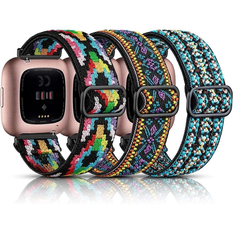 Compatível com Fitbit Versa e Fitbit Versa 2 pulseiras para mulheres e homens, pacote com 3 faixas elásticas de nylon elástico acessórios para relógio inteligente Fitbit Versa 2, verde boho/roxo boho/