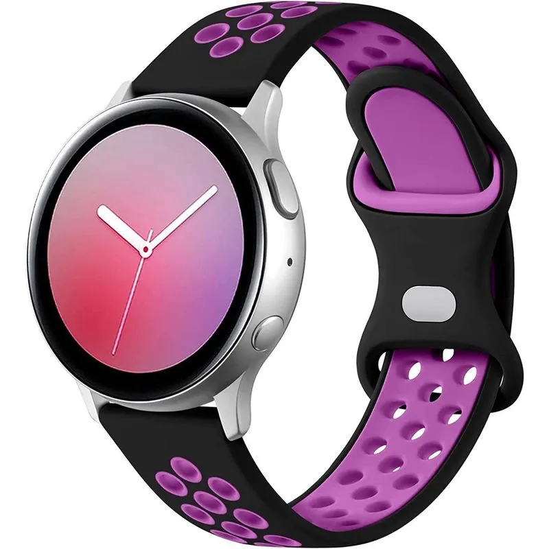 Compatível com Samsung Galaxy Watch 4 Band 40 mm 44 mm, 20 mm Pulseira de silicone respirável para Galaxy Active 2/Watch 3 41mm/Galaxy Watch 42 mm/Gear S2 Classic/Gear Sport Women Men, preto/roxo pequ