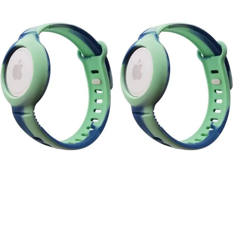 (Pacote com 2) Pulseira anti-perda para crianças/adultos para AirTag, pulseira de silicone macio, pulseira de relógio, capa protetora para Apple Air Tag Tracker - azul/verde