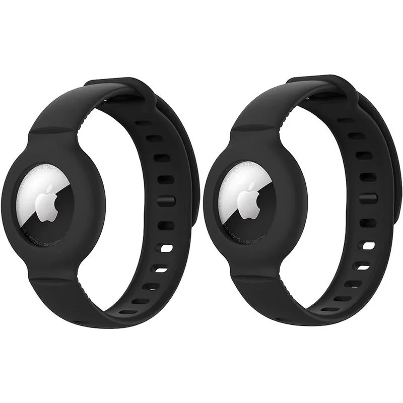 (Pacote com 2) Pulseira anti-perda para crianças e adultos para AirTag, pulseira de silicone macio, pulseira de relógio, capa protetora, suporte para Apple Air Tag Tracker - Preto