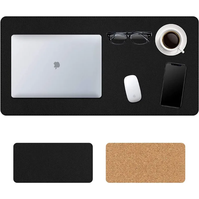 Dois ladosMouse Pad, mouse pad ecológico de cortiça natural e couro para jogos tamanho grande xxl (31,5 15,75 ), mouse pad estendido para teclado, tapete de mesa grande de couro pu à prova d'água para