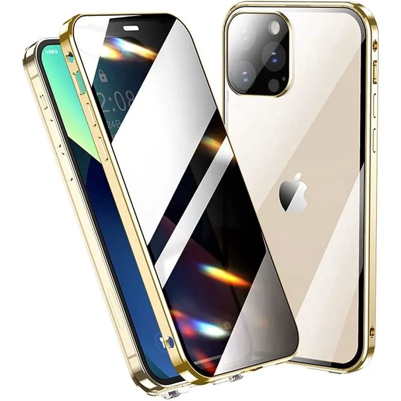 Capa anti-espiamento para iPhone 13 Pro Max com protetor de lente de câmera Protetor de tela de privacidade com orifício de alça de metal de liga de alumínio Capa de vidro com trava dupla (13ProMax, d