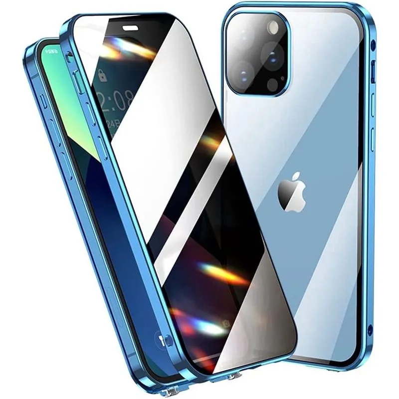 Capa anti-espiamento para iPhone 13 Pro Max com protetor de lente de câmera Protetor de tela de privacidade com orifício de alça de metal de liga de alumínio Capa de vidro com trava dupla (13ProMax, a