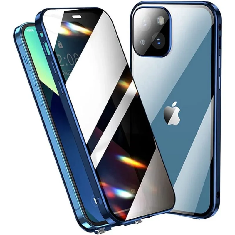 Capa anti-espiamento para iPhone 13 Pro com protetor de lente de câmera Protetor de tela de privacidade com orifício de alça de metal de liga de alumínio Capa de vidro com trava dupla (13Pro, azul)