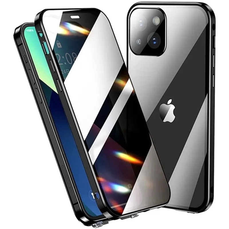 Capa anti-espiamento para iPhone 13 Pro com protetor de lente de câmera Protetor de tela de privacidade com orifício de alça de metal de liga de alumínio Capa de vidro com trava dupla (13Pro, preta)