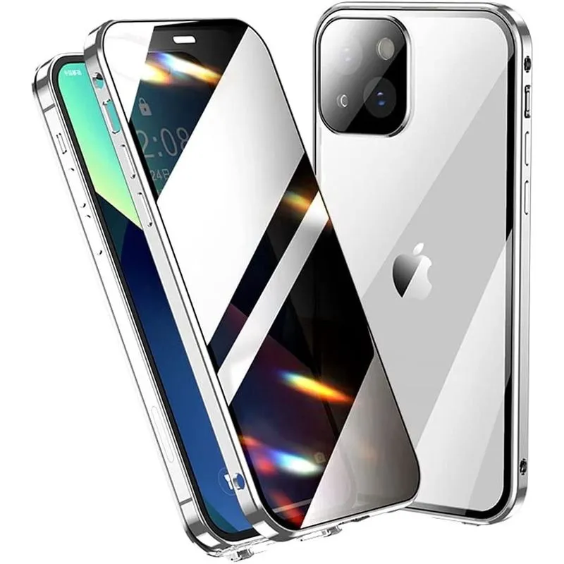 Capa antiespiamento para iPhone 13 mini com protetor de lente de câmera Protetor de tela de privacidade Furo de alça de metal de liga de alumínio Capa de vidro com trava dupla (13mini, prata) prata 13