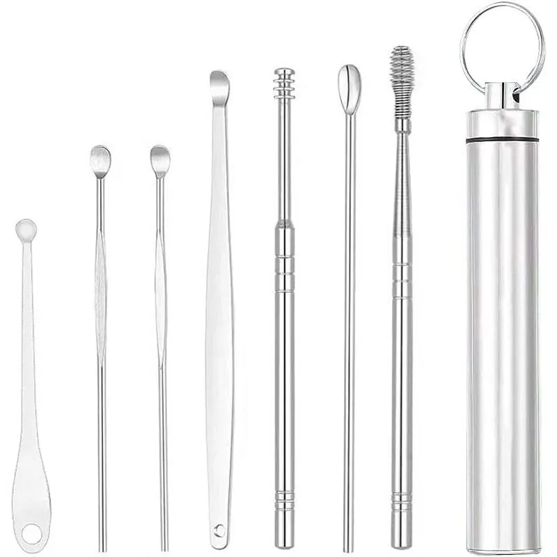 Kit de remoção de cera de ouvido, conjunto de limpeza de ouvido, ferramentas de remoção de cera de ouvido com uma escova de limpeza e caixa de armazenamento, conjunto de palheta de orelha de aço inoxi