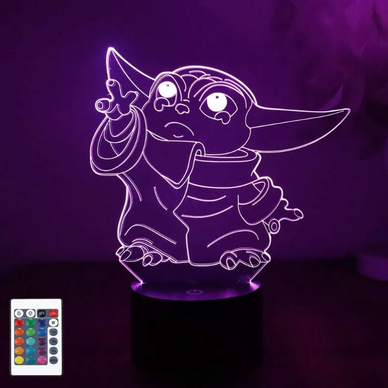 Baby Yoda 3D Night Light, lâmpada LED ilusão 3D, lâmpada de decoração com mudança de cor 16, iluminação de mesa de carga USB com controle remoto, brinquedos de presentes para crianças e crianças (meni