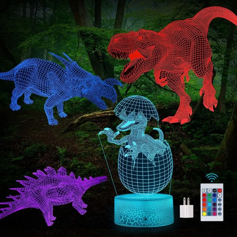 Luz noturna de dinossauro 3D, lâmpada de ilusão 3D, 4 padrões e 16 cores com controle remoto, os melhores presentes de brinquedo de Natal de aniversário para meninos e meninas