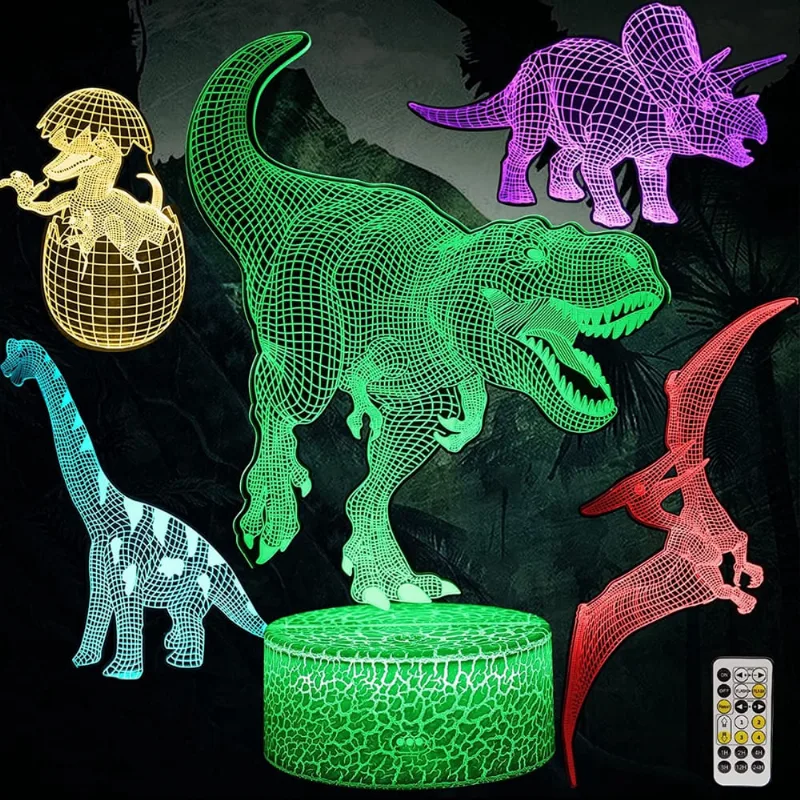 5 padrões de luz noturna de dinossauro, lâmpada de ilusão 3D com 7 mudanças de cor e controle remoto e toque inteligente, presente de brinquedo de dinossauro para aniversário de natal para crianças, c