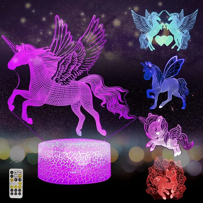 Unicórnio 3D Night Light para sala de meninas 5 padrão LED Light Illusion Lamp 7 cores mudando toque e controle remoto brinquedos unicórnio presentes de aniversário para meninas crianças