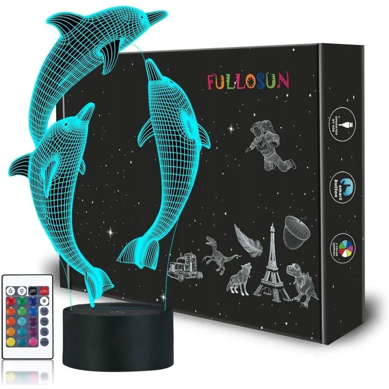 Luz noturna para crianças Ocean Dolphin 3D Night Light Candeeiro de cabeceira Porpoise com controle remoto 16 cores mudando Natal presente de aniversário de Halloween para criança bebê menina