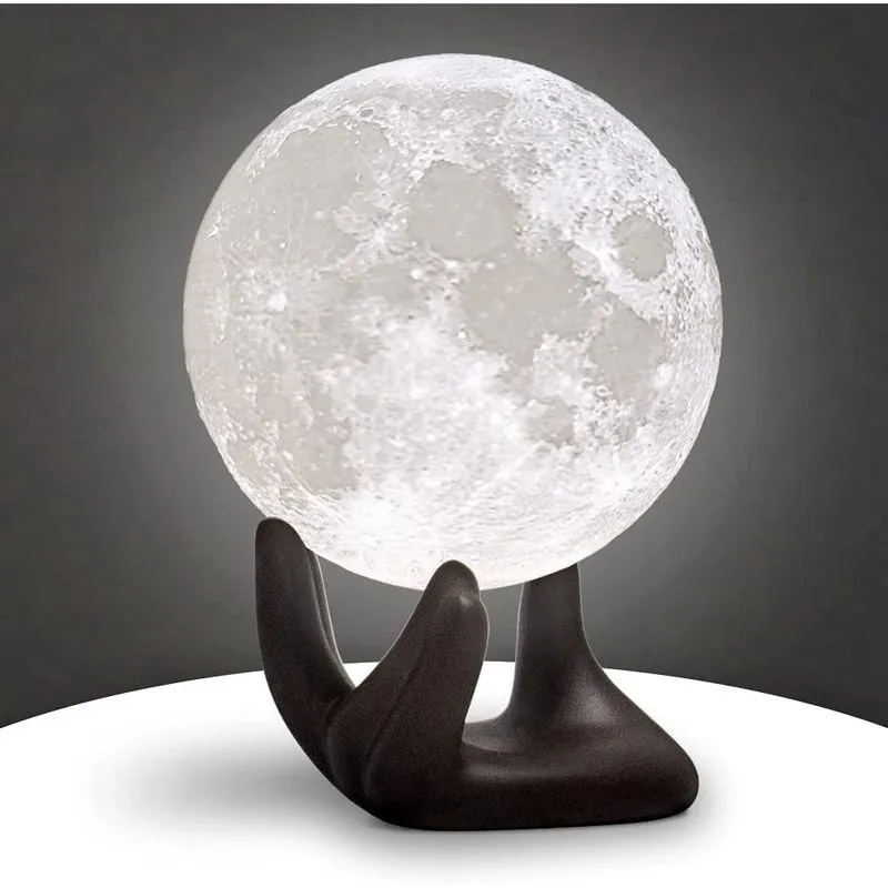 Lâmpada lunar huoguo, lâmpada lunar com impressão 3D de 3,5 polegadas, luz noturna com suporte de mão preto como presente de aniversário para crianças, mulheres, meninas, meninos, carregamento usb, co