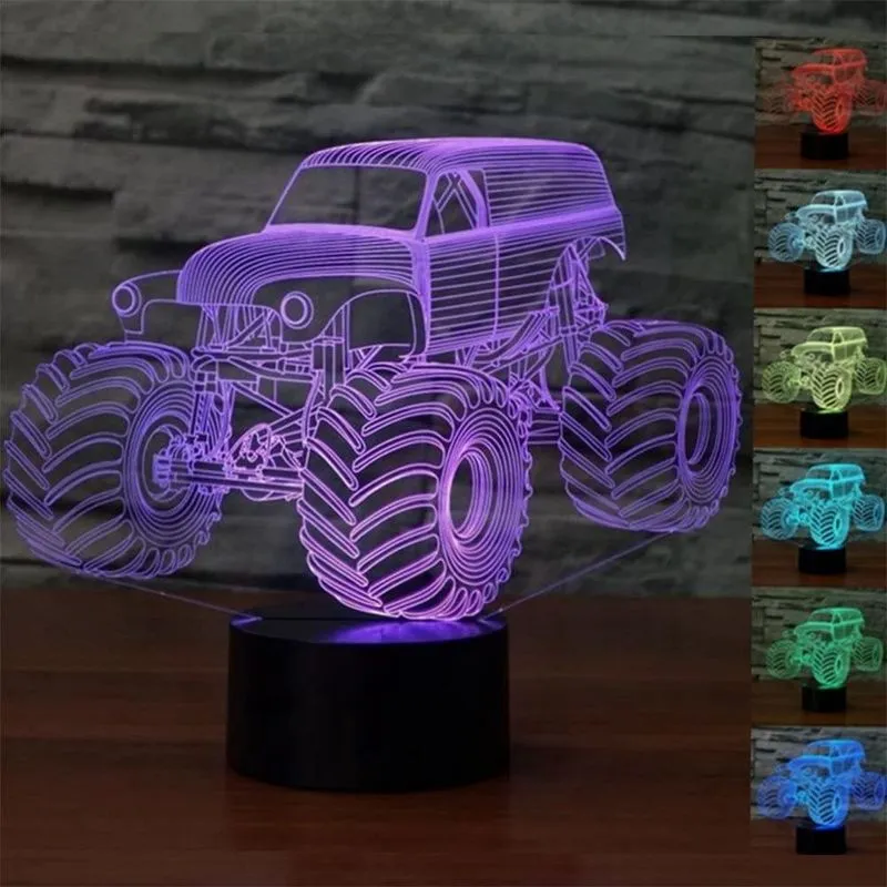 Huoguo Abstrativo 3D Ilusão Óptica Monster Truck Efeito de Iluminação Colorida Interruptor de Toque Alimentado por USB LED Decoração Luz Noturna Lâmpada de Mesa