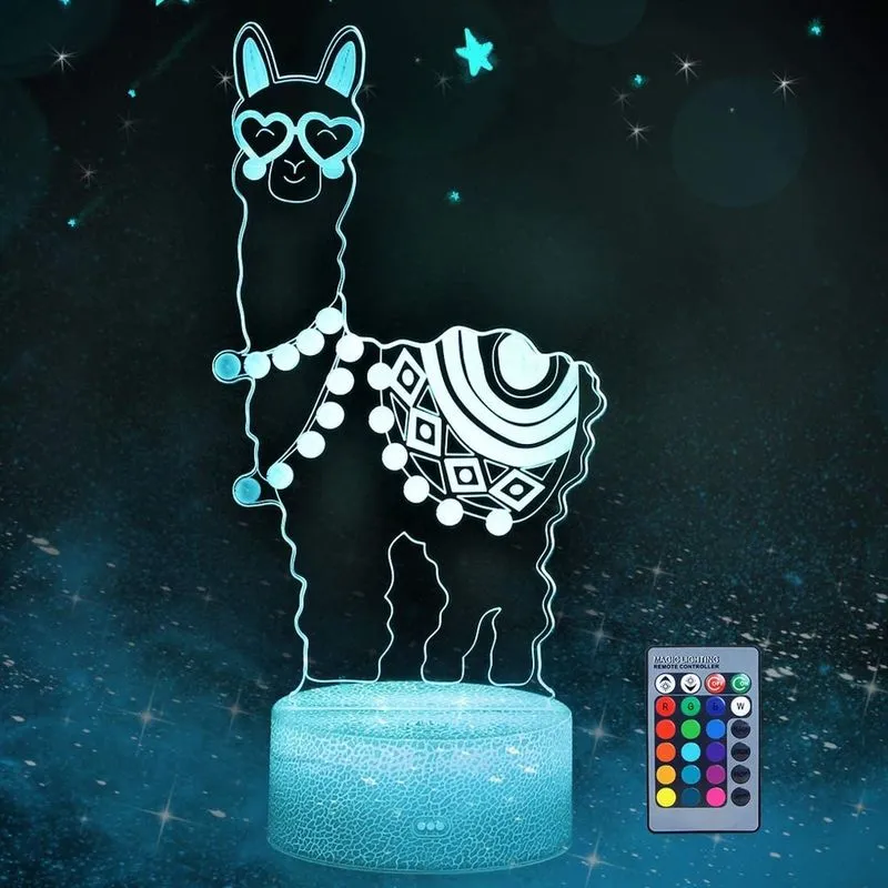 Lâmpada noturna 3D de lhama, lâmpada visual 3D de lhama de alpaca com controle remoto, mesa, decoração de casa, 16 cores, luzes noturnas de ilusão 3D, presentes de aniversário para crianças