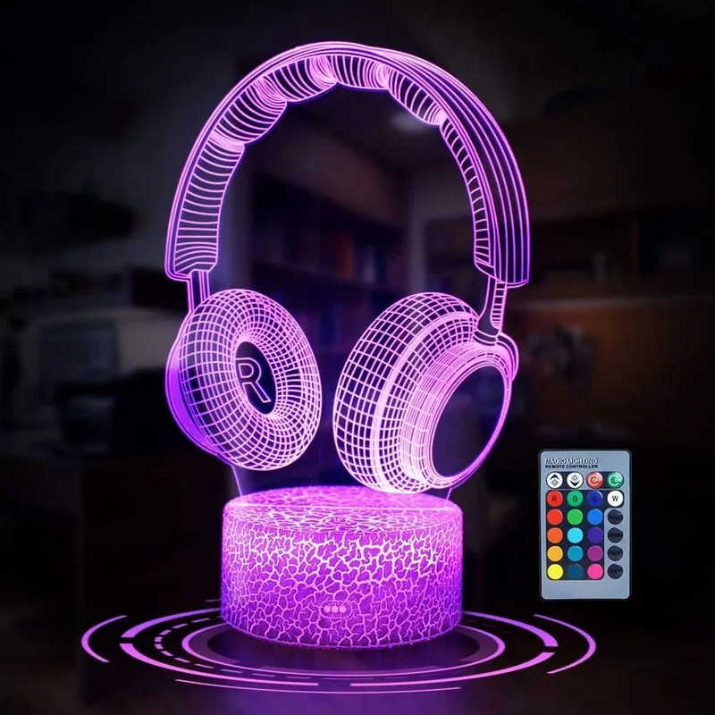 Luz noturna com fone de ouvido 3D para crianças, lâmpada de ilusão 3D, mesa de cabeceira, luzes noturnas com controle remoto, toque, 16 cores, mudando, decoração, lâmpadas, presentes de aniversário pa