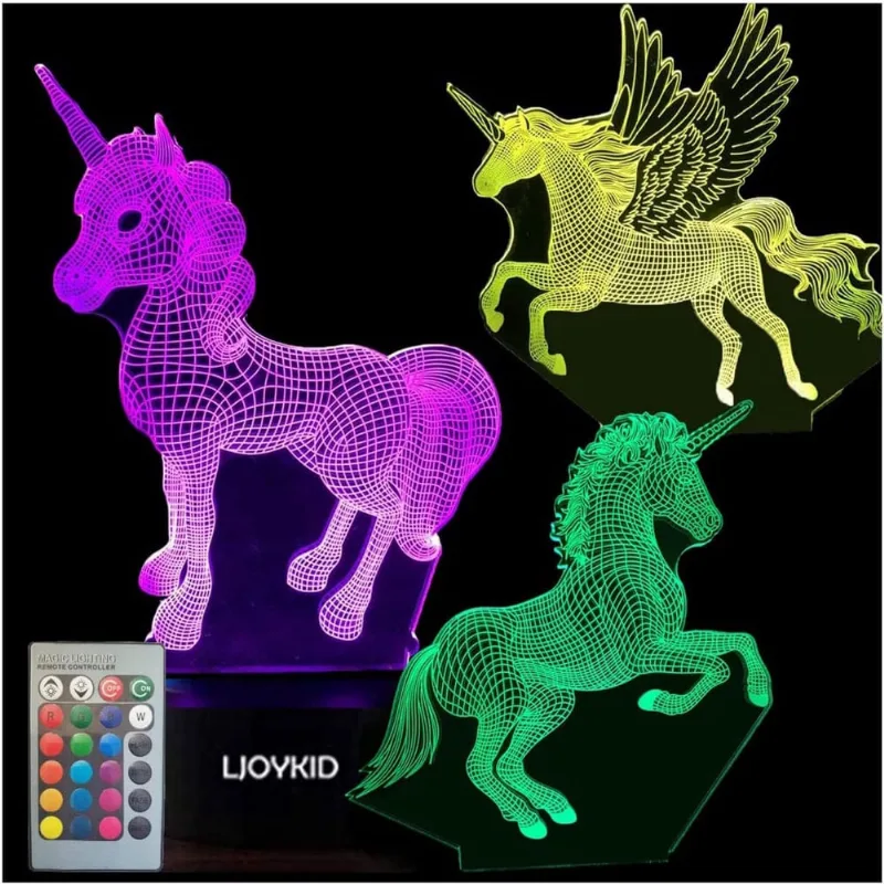 3PCS 3D Unicorn Night Light Lâmpada Unicórnio 3D 3 Padrão 7 Cores Mudando Lâmpada Decorativa com Controle Remoto para Crianças Ilusão Lâmpadas de Cabeceira Presentes Ideais para Meninas e Amantes de U