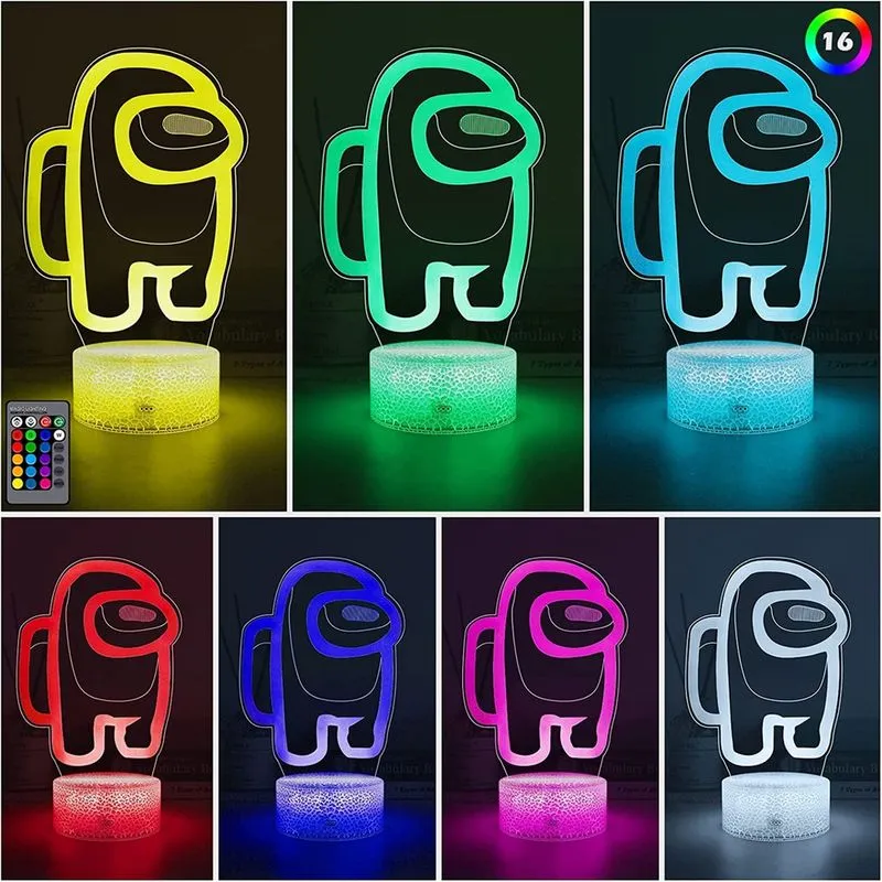 Luz noturna 3D 16 cores, candeeiro de mesa ilusão alimentado por USB com controle remoto e interruptor de toque, abajur de mesa de cabeceira para presentes infantis decoração de quarto