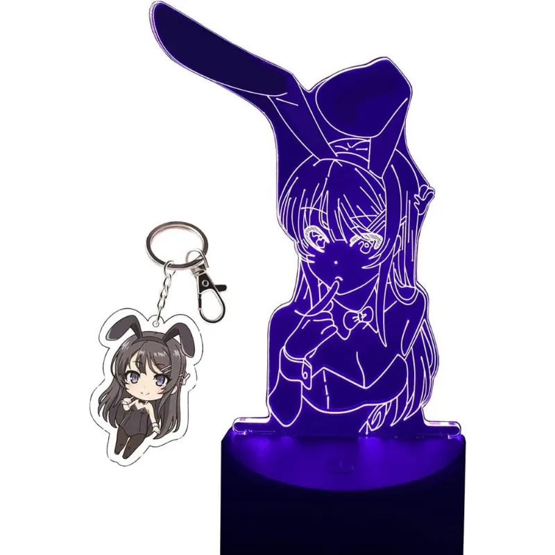 Huoguo Anime Bunny Girl 3D Night Light Sakurajima Mai Lâmpada LED 7 Cores Luzes Noturnas e Chaveiro Kawaii para Decoração de Quarto de Presente de Natal de Aniversário (Sakurajima Mai)