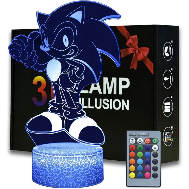 Huoguo 3D Illusion Sonic Night Light, candeeiro de mesa Anime Hedgehog com controle remoto, decoração de quarto infantil, presente criativo para meninos e meninas, aniversário de Natal