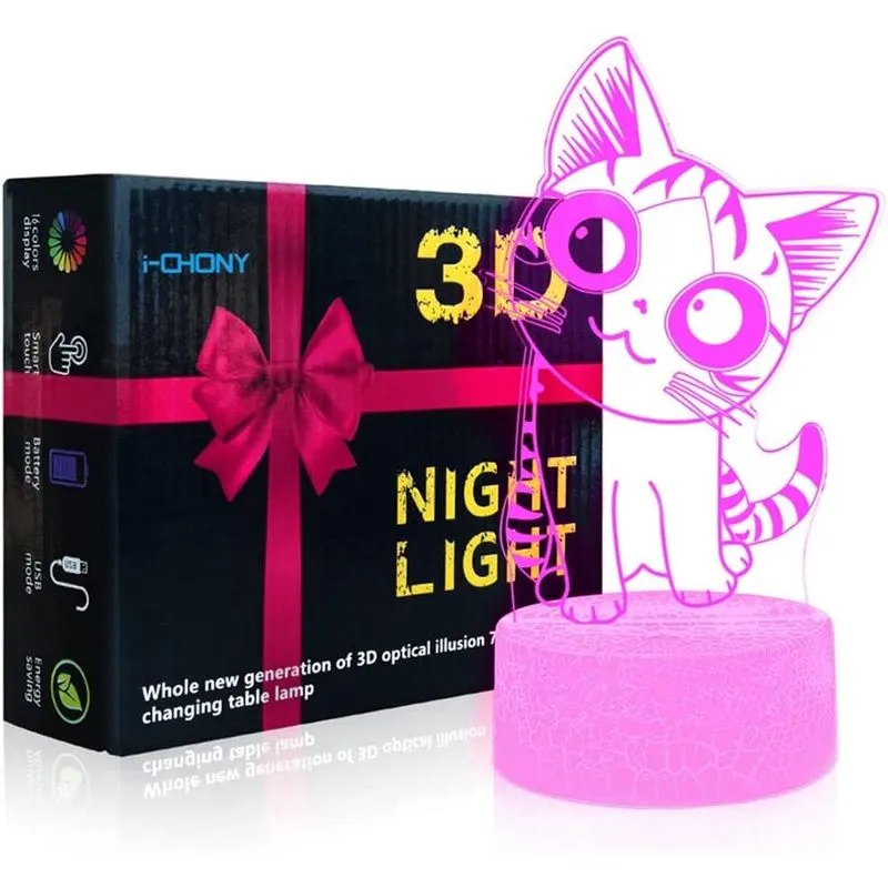 Candeeiro de mesa Cat 3D Ilusão para Crianças Cute Kitty 7 ou 16 cores Candeeiro de mesa regulável com controle remoto e toque inteligente e cabo USB - Presentes para amantes de gatos para mulheres ad