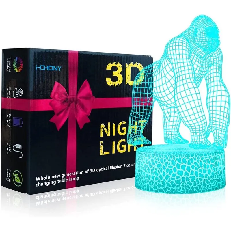 Gorilla 3D Illusion Night Light - Candeeiro de mesa com 16 cores para mudar de cor com controle remoto e toque inteligente - Luzes LED para decoração de Natal/Quarto - Presentes para Aniversário de Na