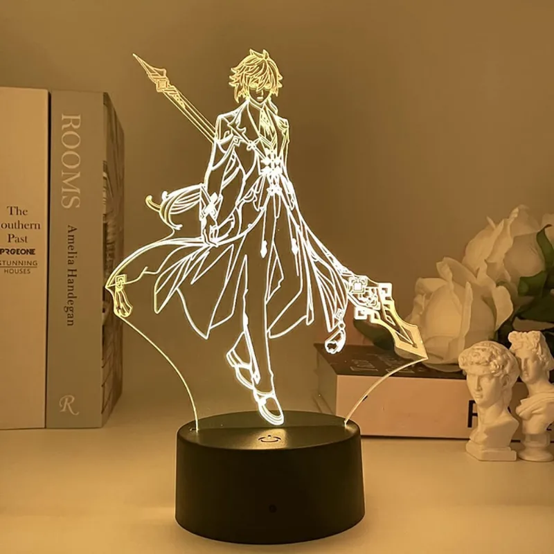 Genshin Impact Character Zhongli 3D Illusion Lamp LED Night Light Game Gift Lâmpada de decoração de mesa, controle remoto