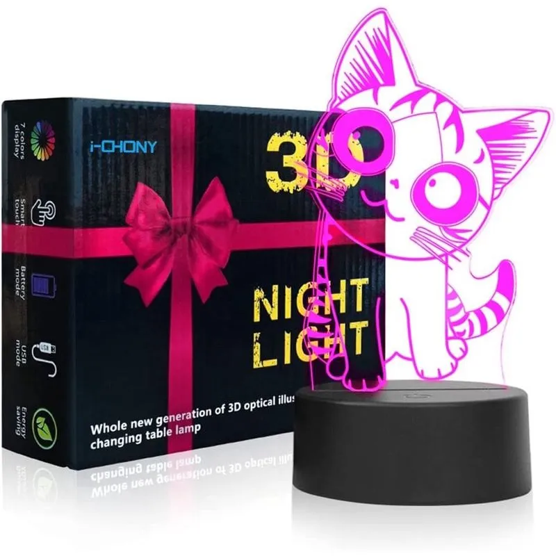 Candeeiro Cat 3D Ilusão Luzes Noturnas para Crianças com Smart Touch e Cabo USB 7 Cores Cute Kitty NightLights Presentes para Amantes de Gatos para Mulheres Adolescentes Meninas Bebês 2 3 4 5 6 Anos